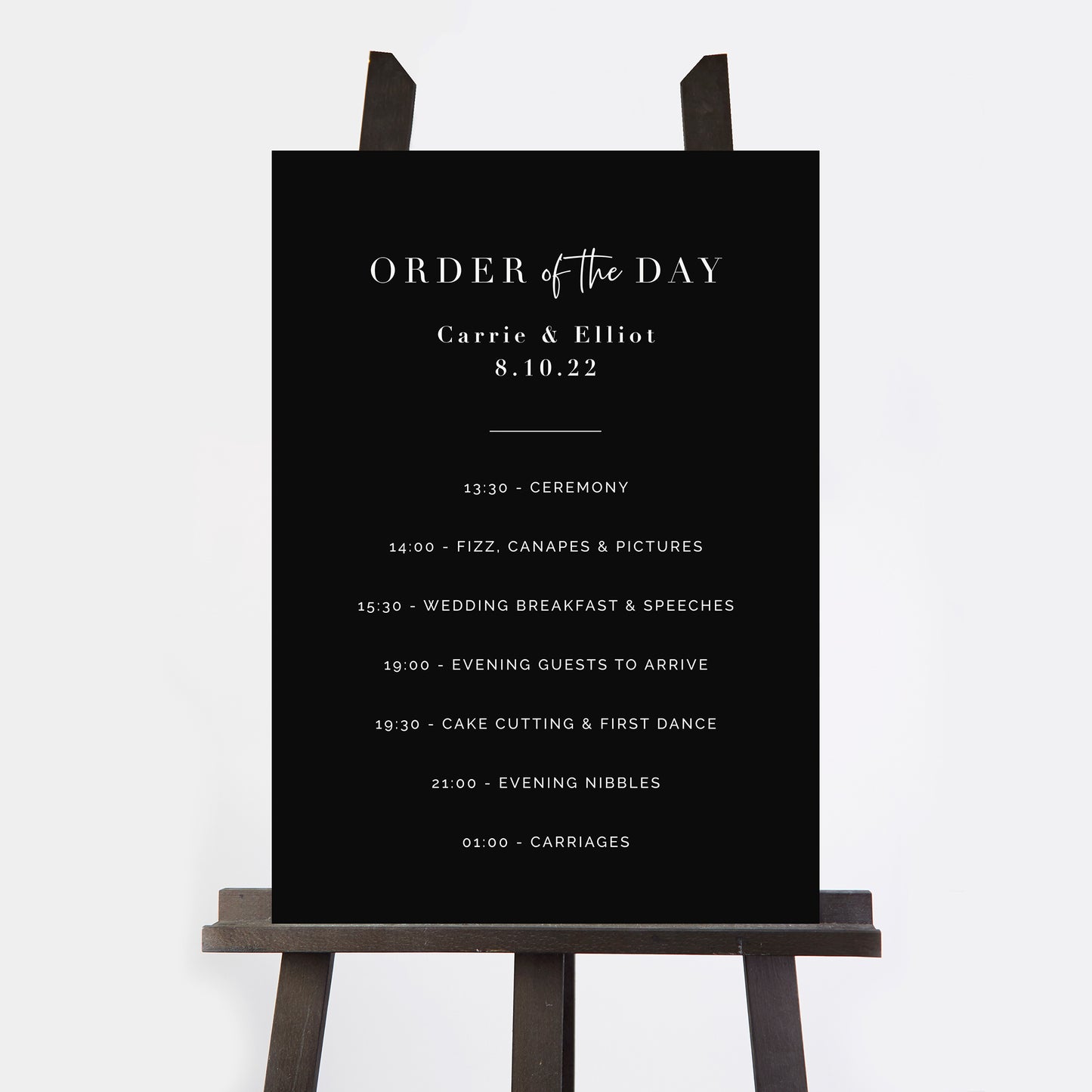 Black Modern Script Wedding Order of the Day Sign