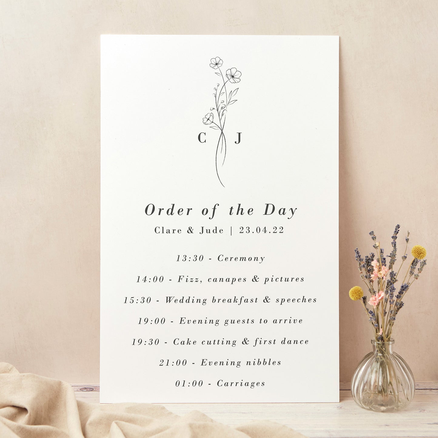 Simple Floral Wedding Order of the Day Sign