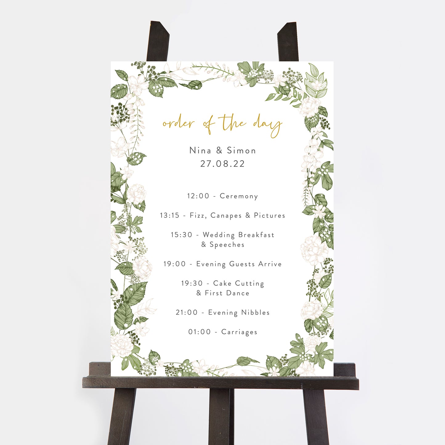 White Floral Wedding Order of the Day Sign