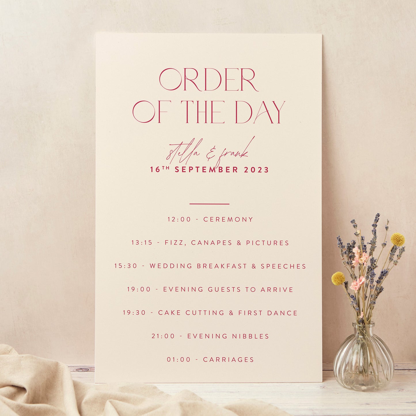 Magenta Modern Script Wedding Order of the Day Sign