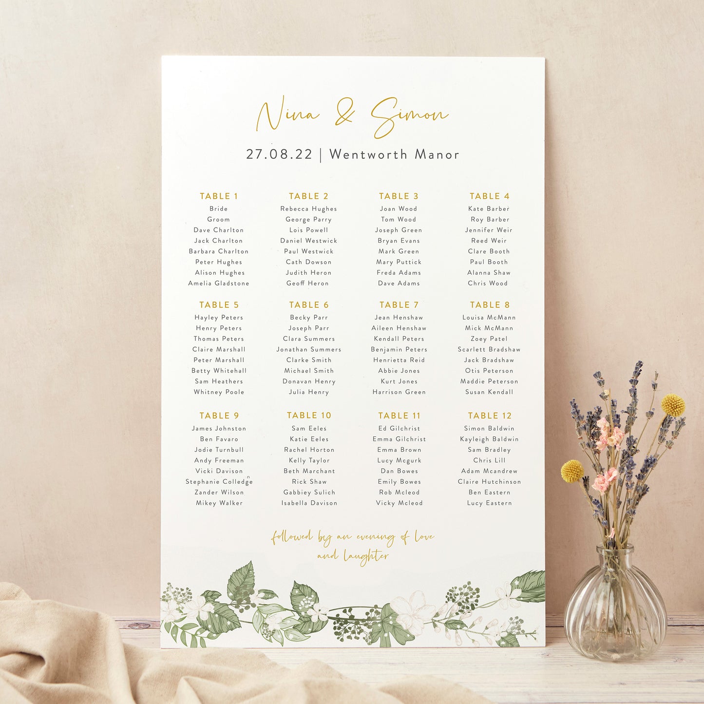 White Floral Personalised Wedding Table Plan