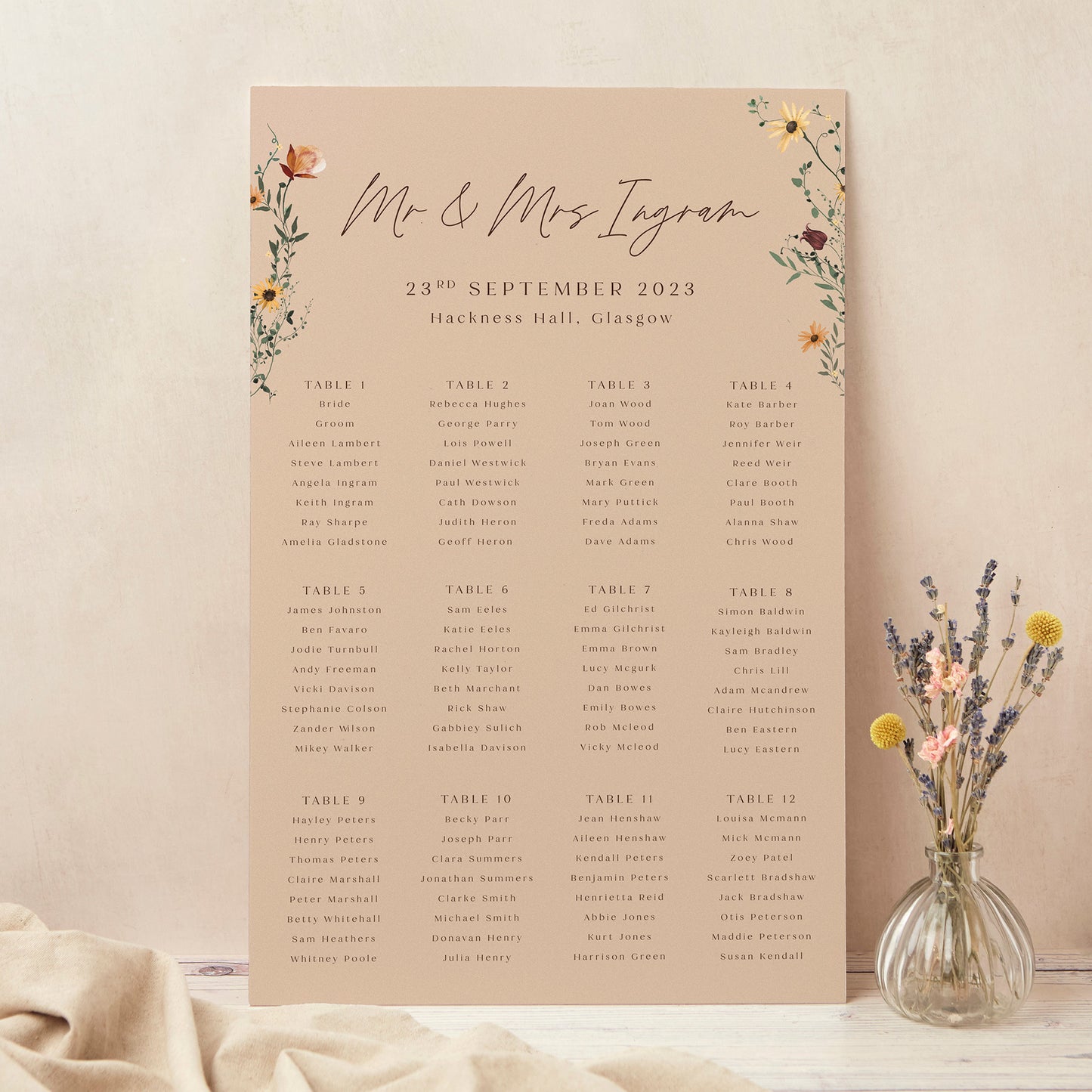 Autumn Wildflowers Personalised Wedding Table Plan