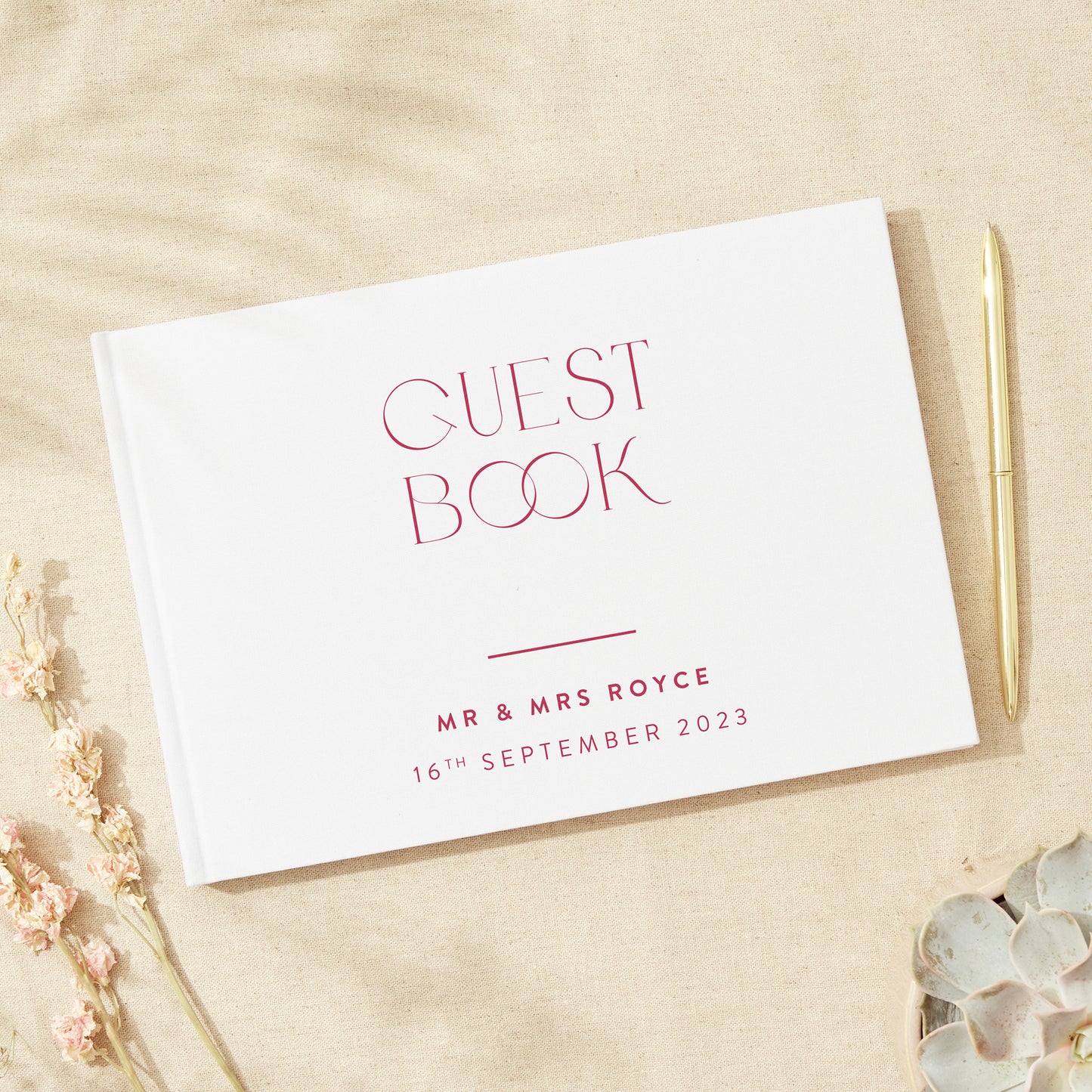 Magenta Modern Script Linen Guest Book