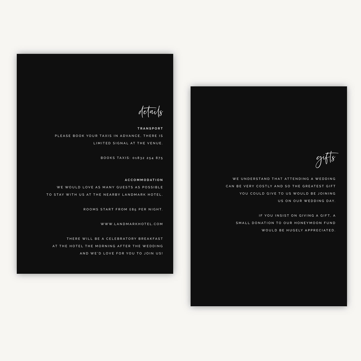 Black Modern Script Wedding Invitation Details Card