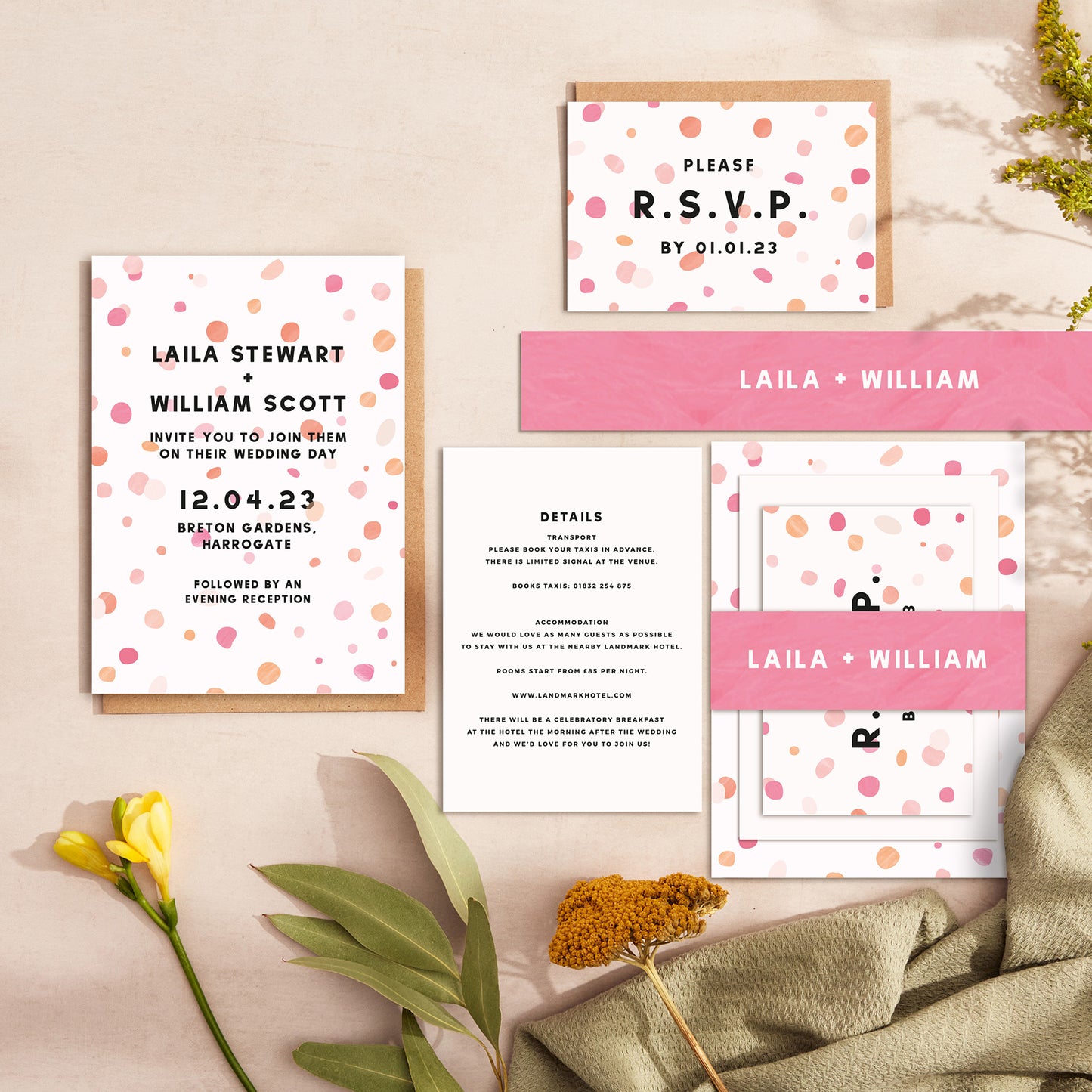 Bright Pink Confetti Wedding Invitation