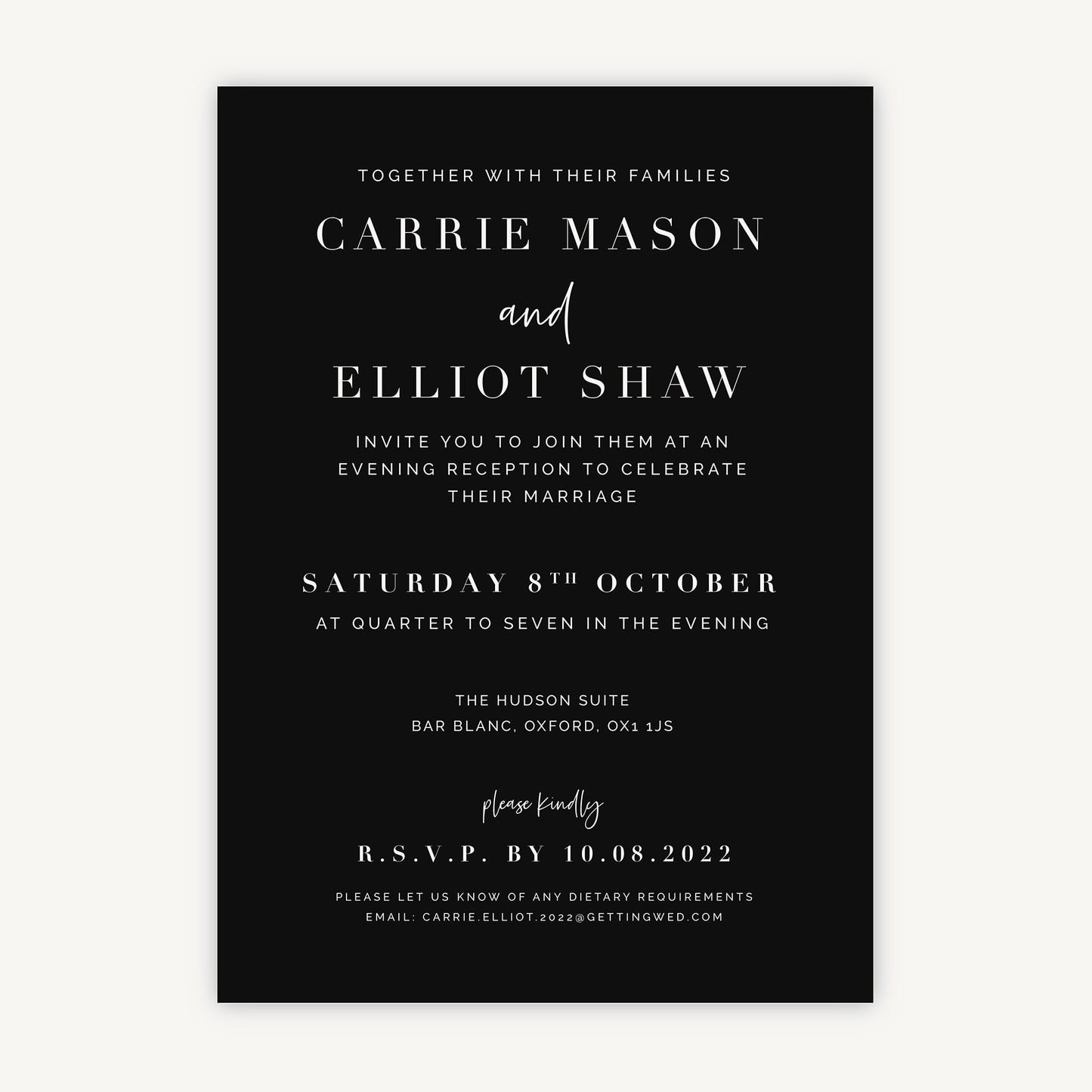 Black Modern Script Evening/Reception Wedding Invitation
