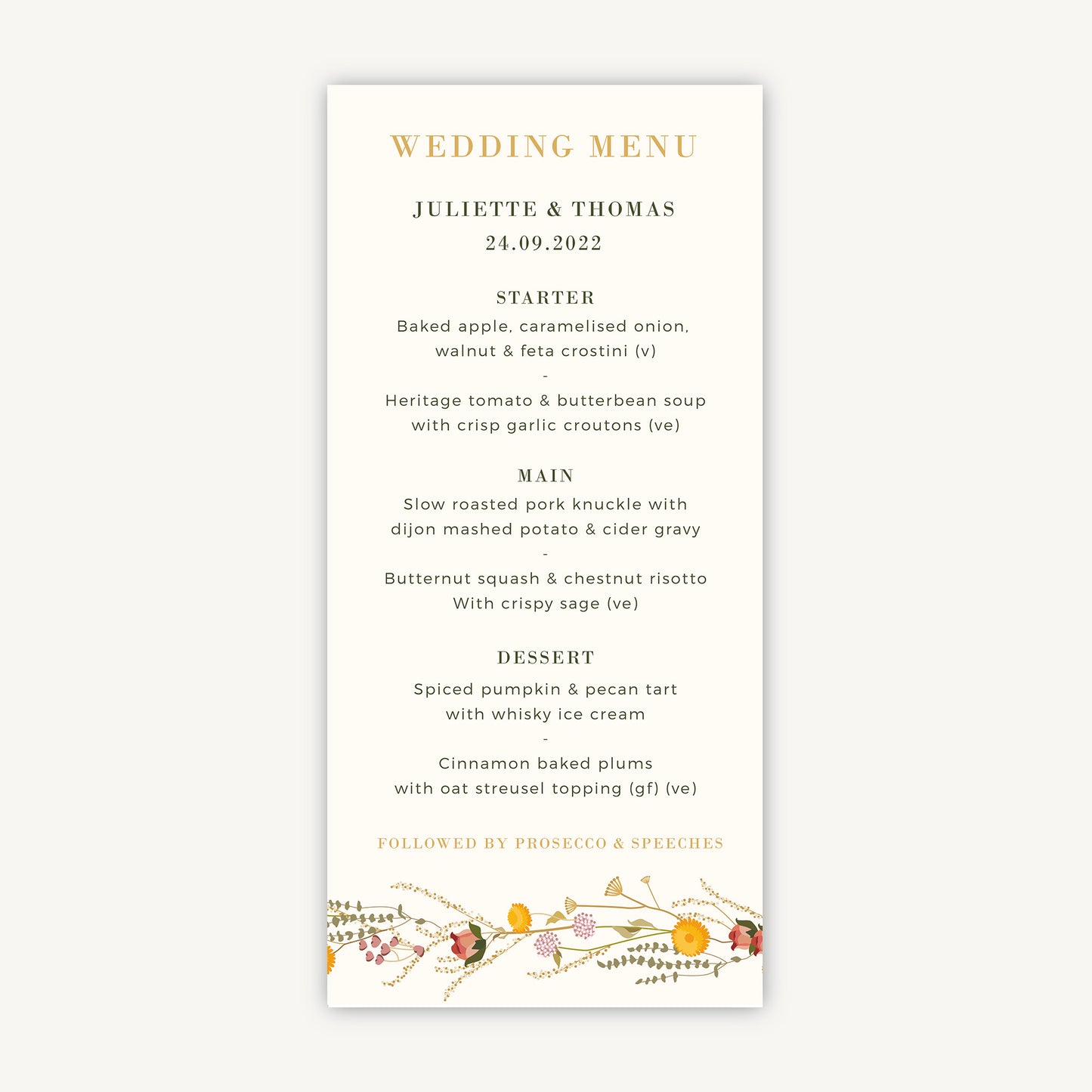 Rustic Wildflowers Wedding Menu
