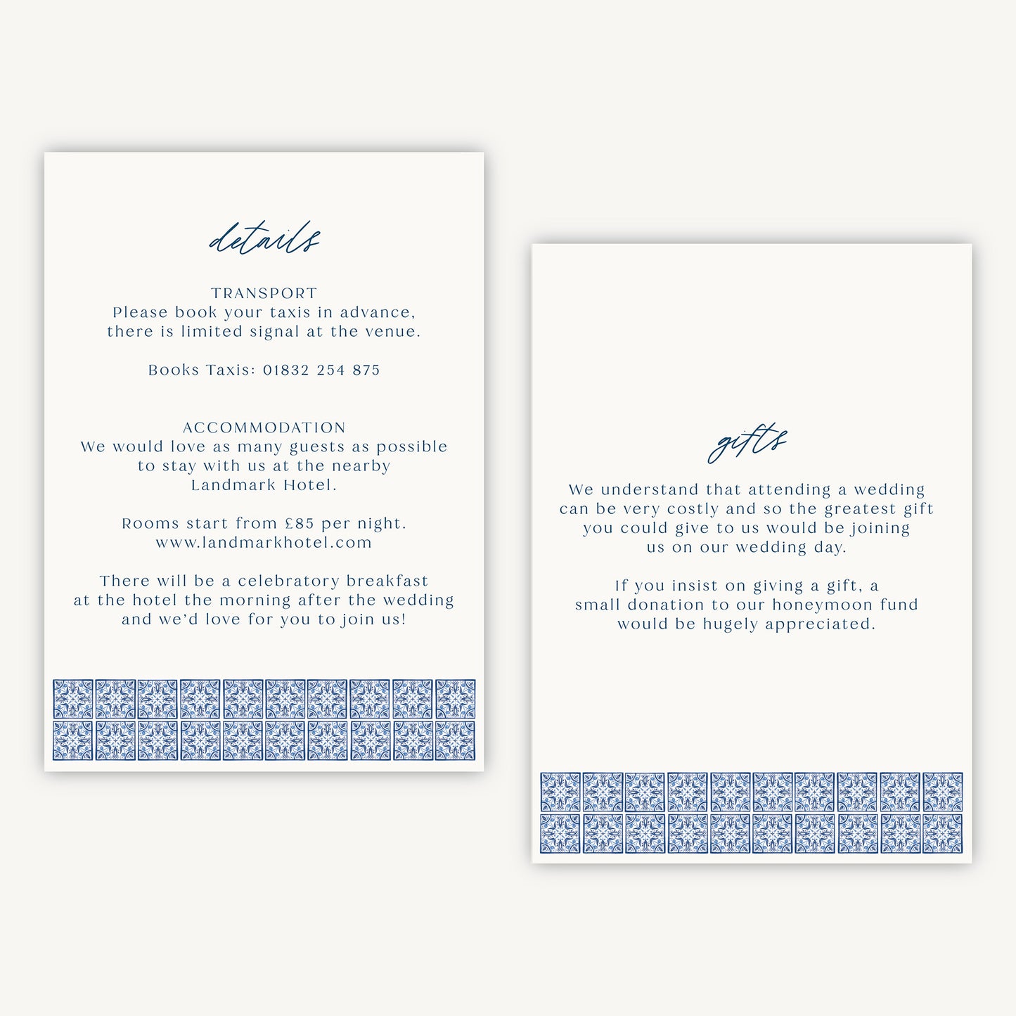 Blue Tile Mediterranean Wedding Invitation Details Card