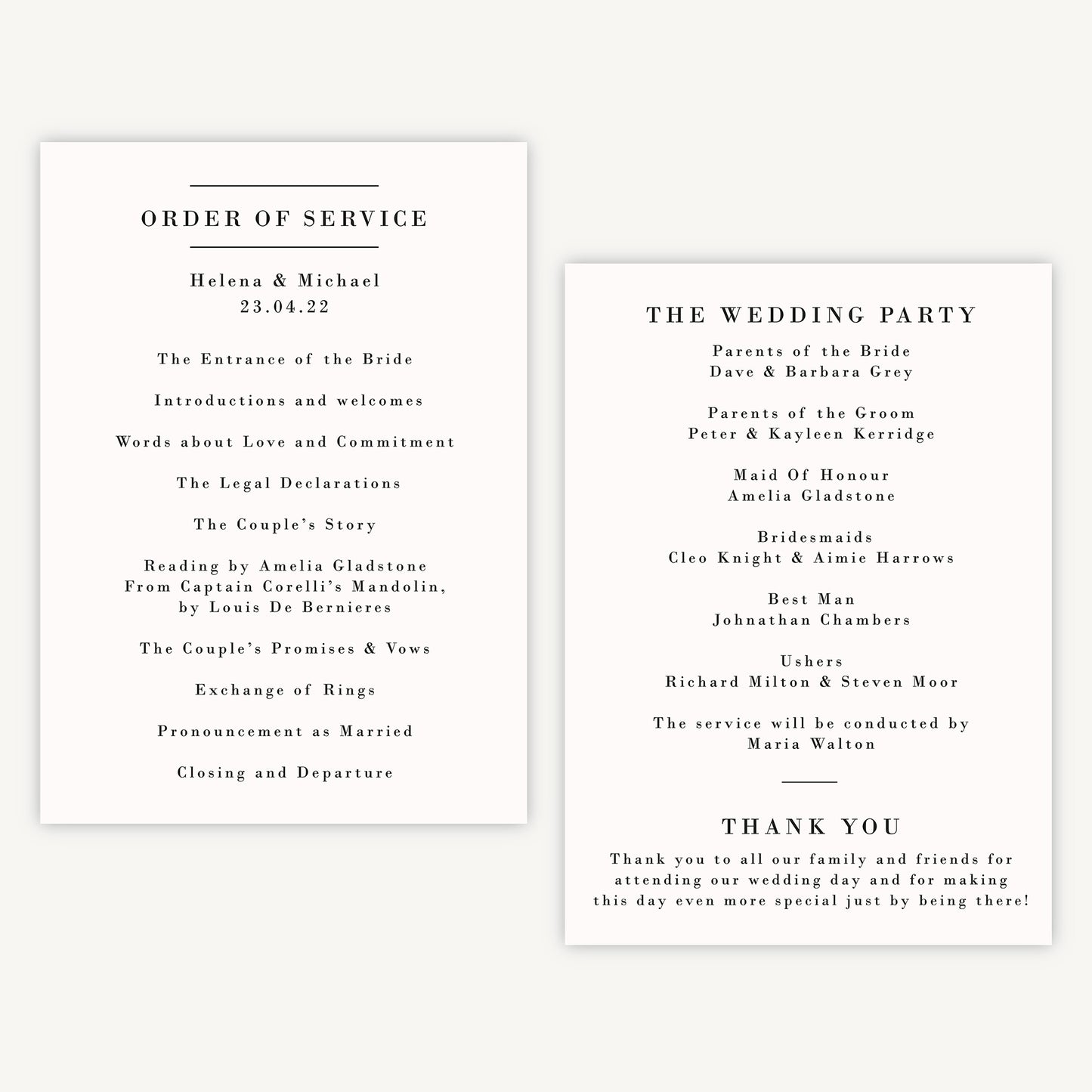 Simple Script Wedding Order of Service Sheet