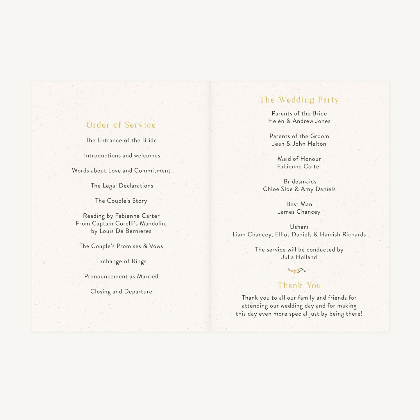 Summer Meadow Wedding Order of Service