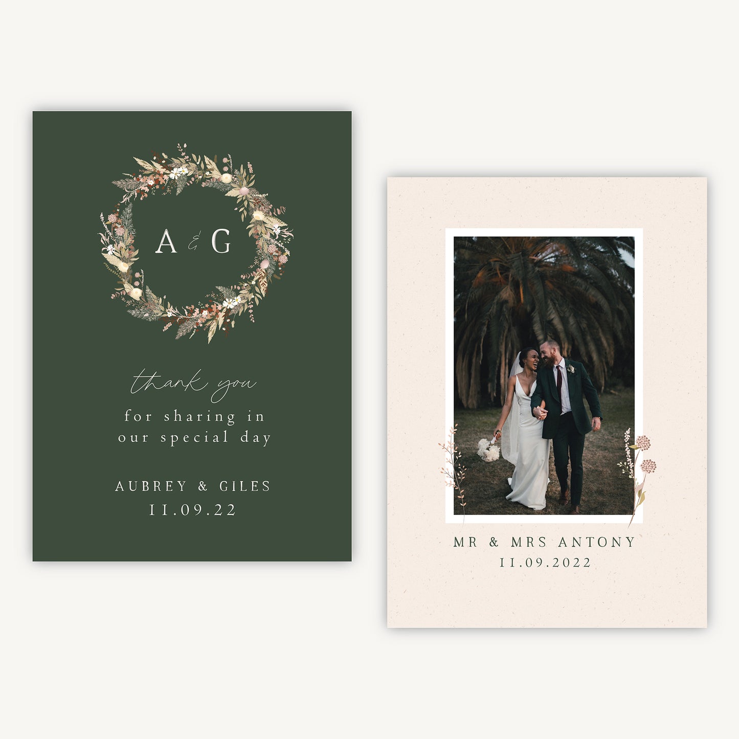 Dried Flower Wreath Photo Wedding Thank You Card