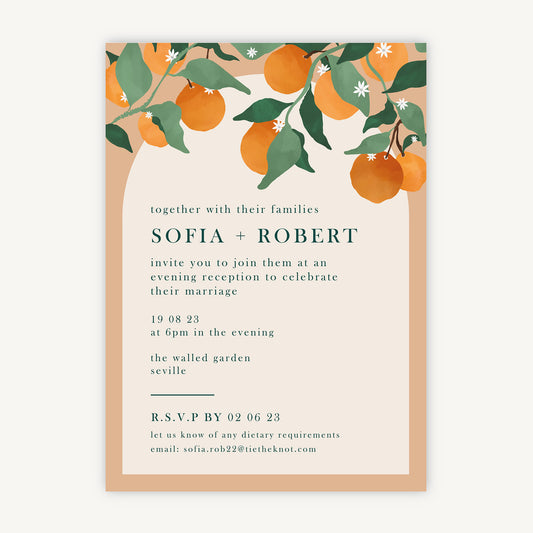 Mediterranean Oranges Evening/Reception Wedding Invitation