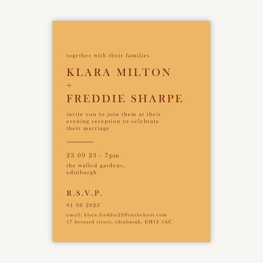 Caramel Autumn Colour Block Evening/Reception Wedding Invitation