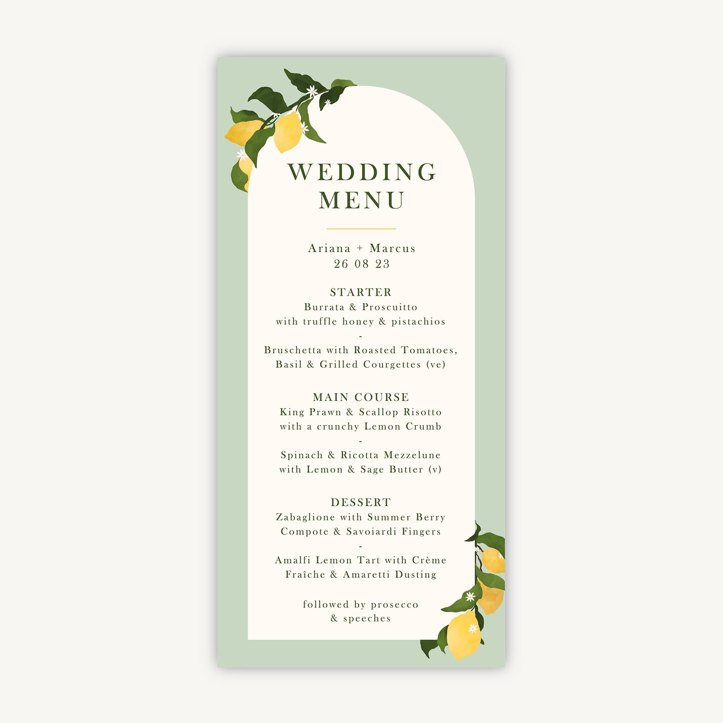 Amalfi Lemons Wedding Menu