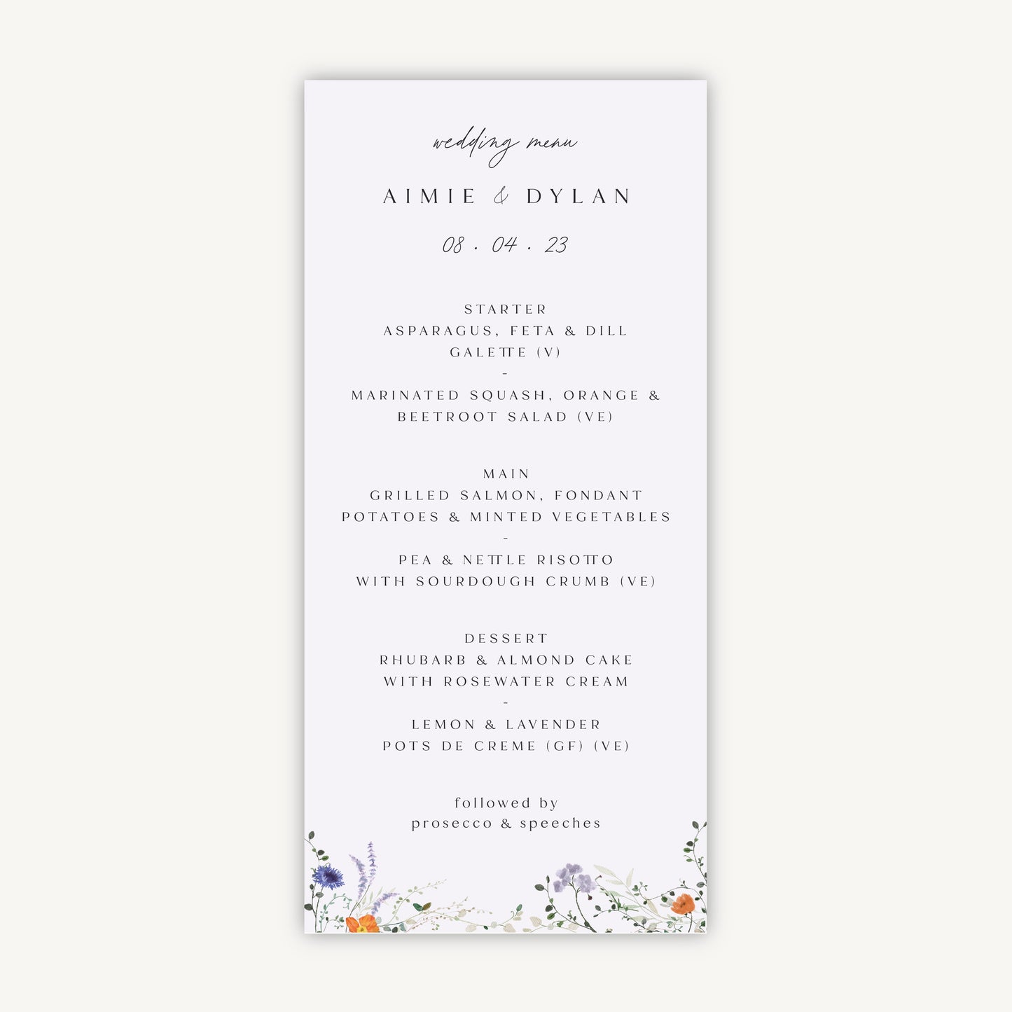 Pressed Wildflowers Wedding Menu