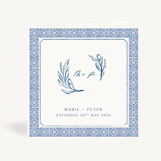 Blue Tile Mediterranean Folded Wedding Invitation