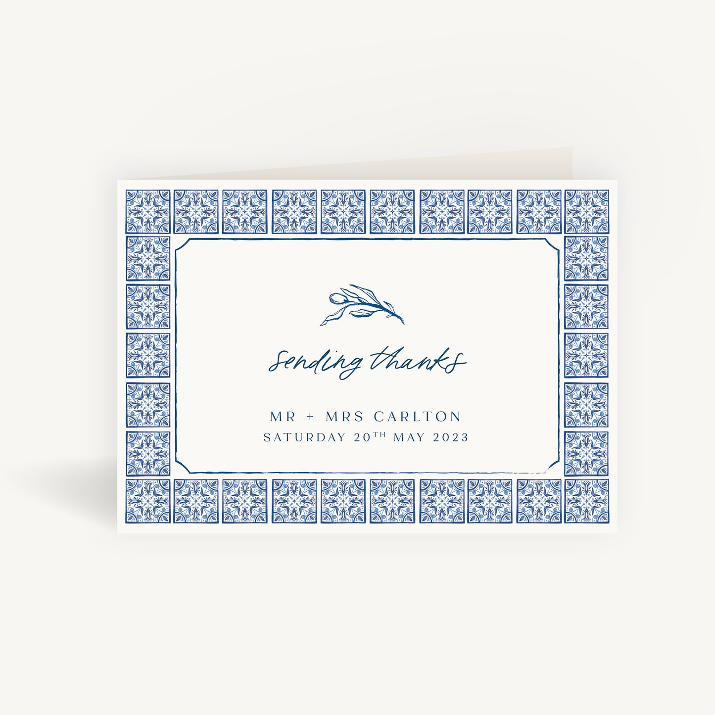 Blue Tile Mediterranean Wedding Thank You Card Folded