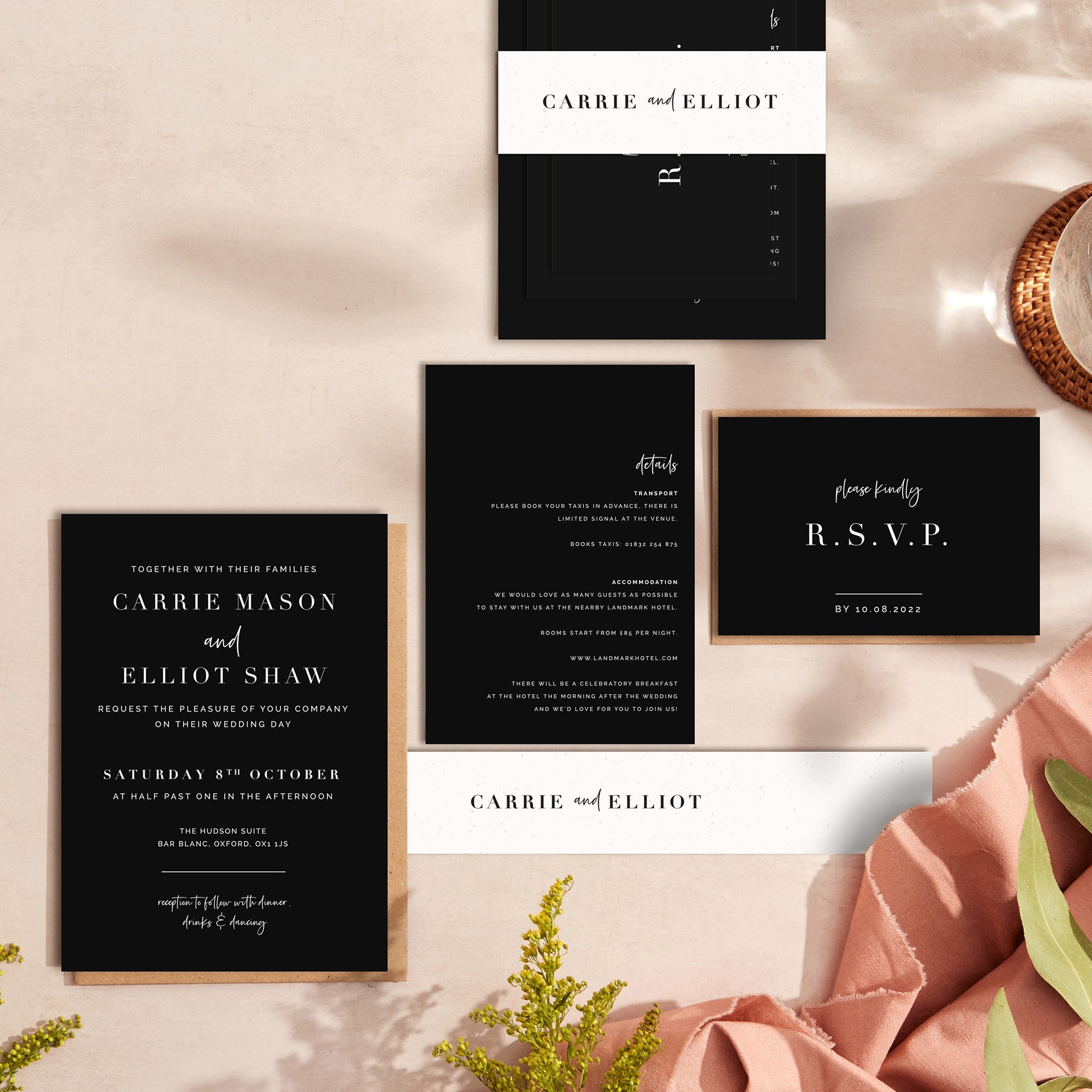 Black Modern Script wedding stationery suite