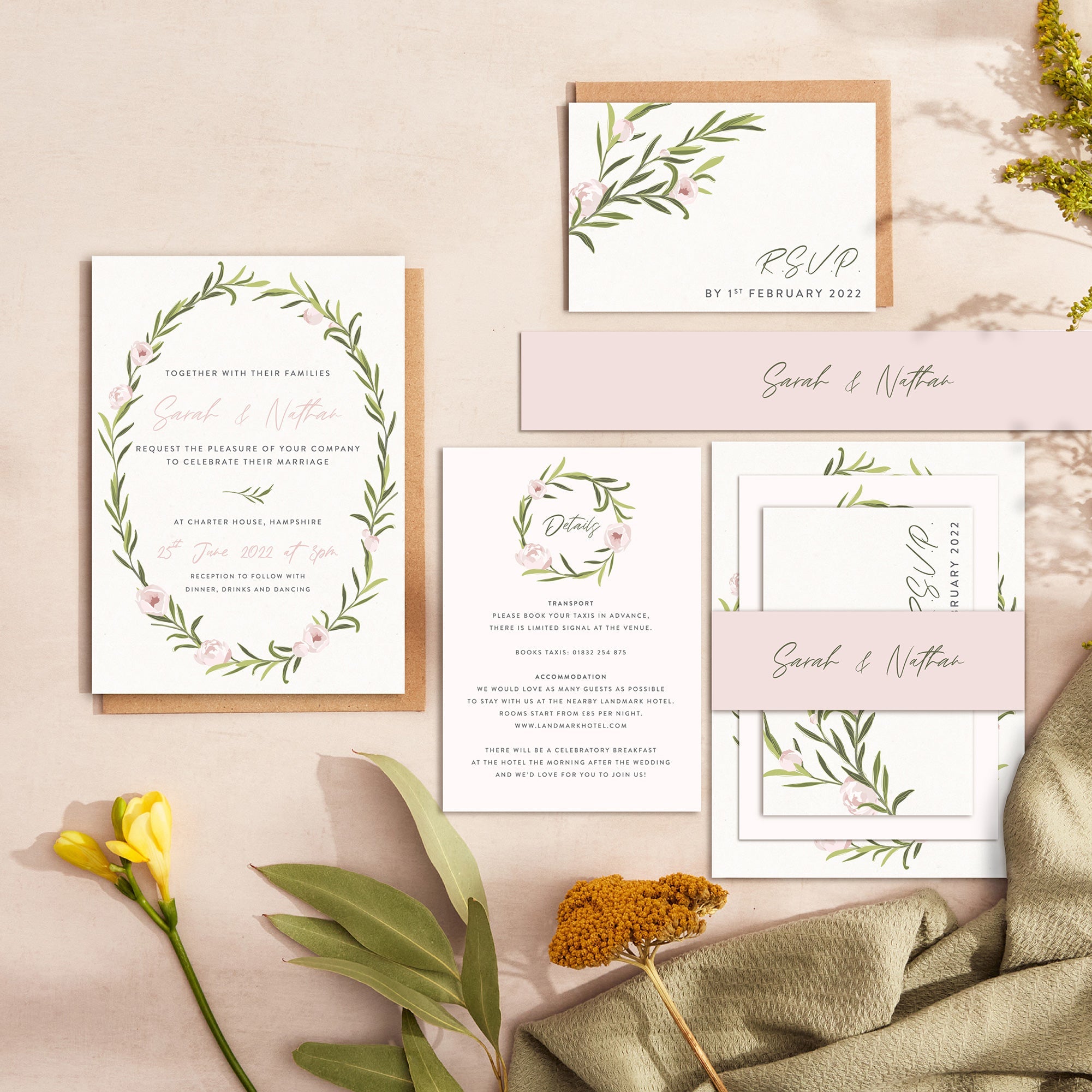 Blush Peony wedding stationery suite