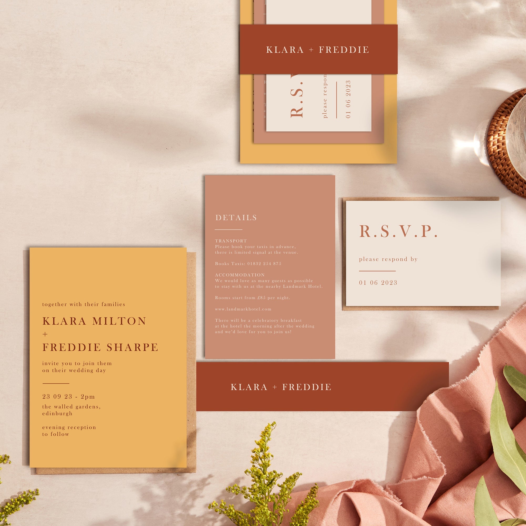 Caramel Autumn Colour Block wedding stationery suite