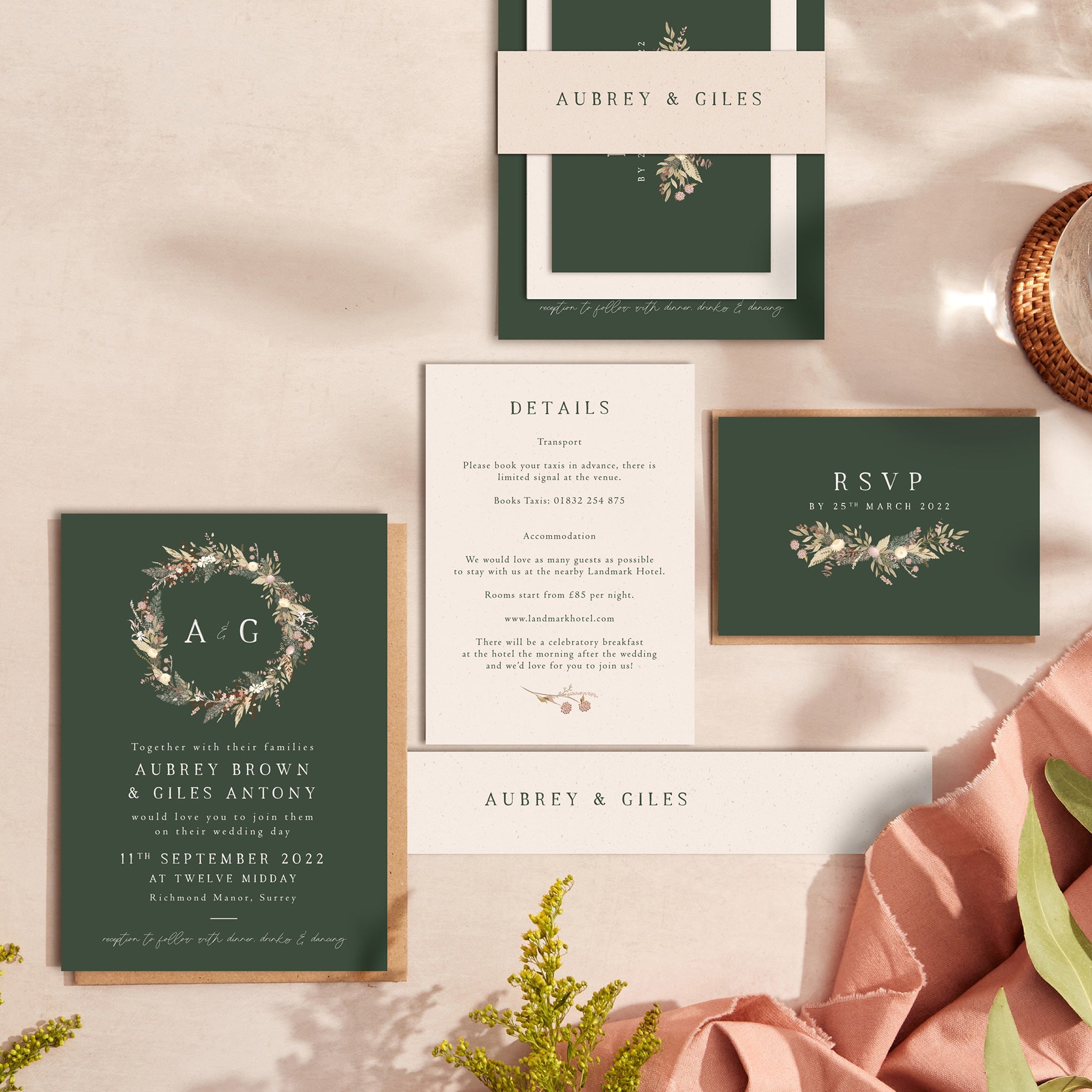 Dried Flower Wreath wedding stationery suite