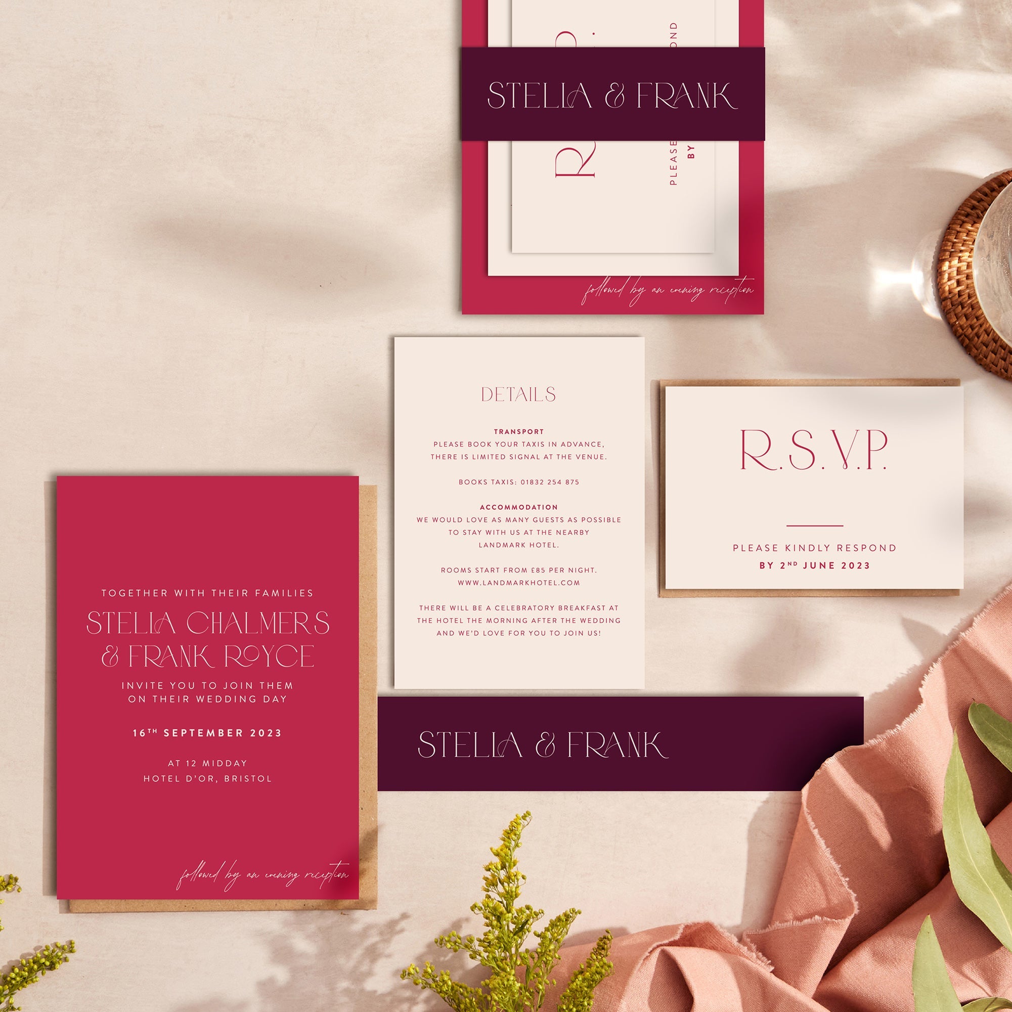 Magenta Modern Script wedding stationery suite