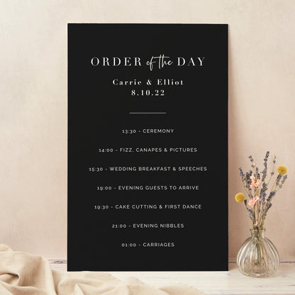 Black Modern Script Wedding Order of the Day Sign