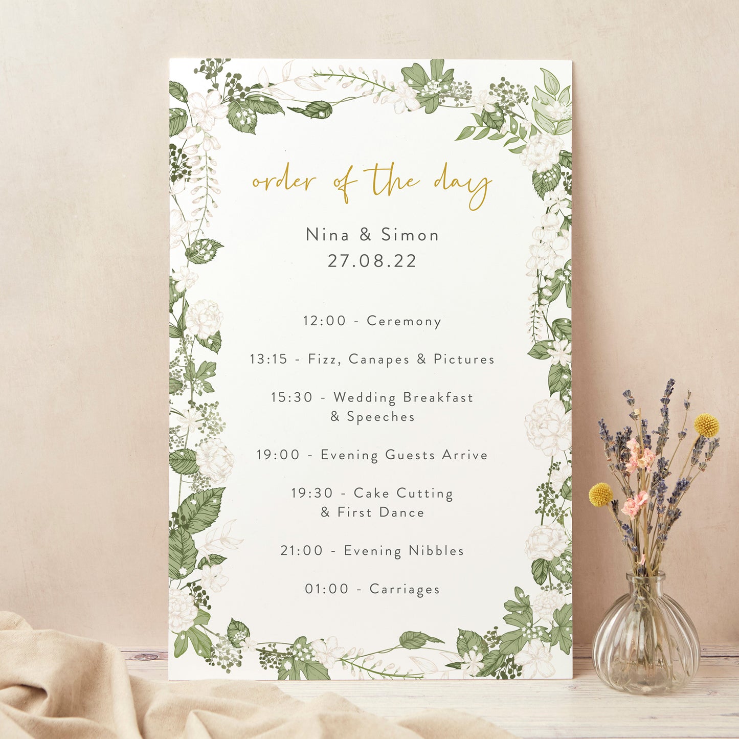 White Floral Wedding Order of the Day Sign