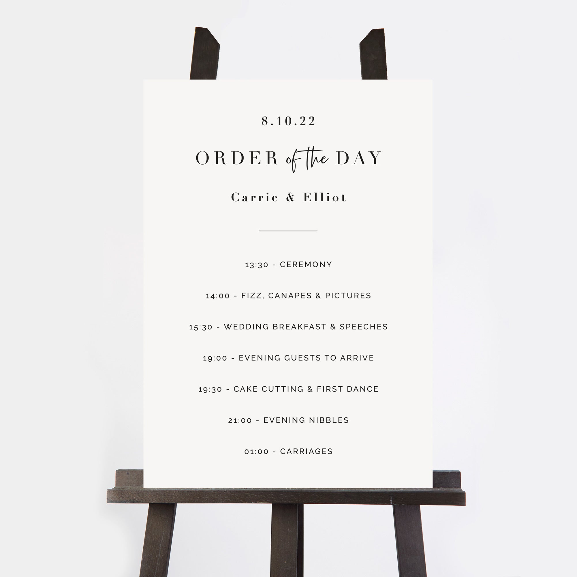 White Modern Script Wedding Order of the Day Sign