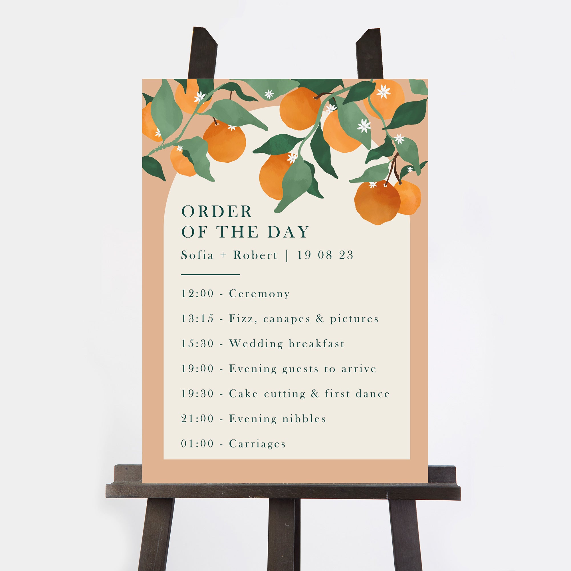 Mediterranean Oranges Wedding Order of the Day Sign