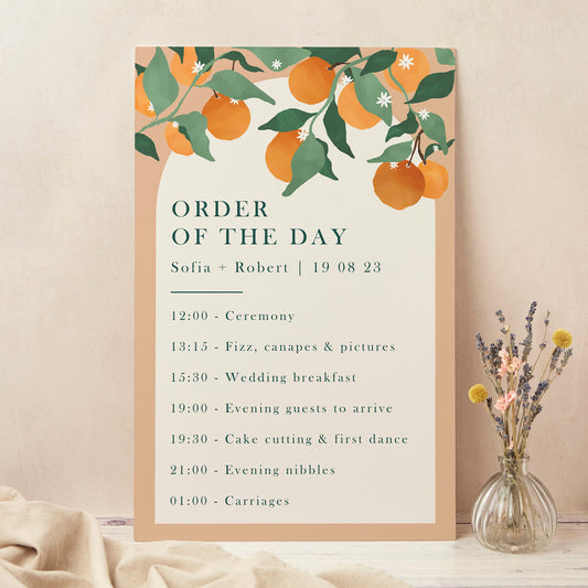 Mediterranean Oranges Wedding Order of the Day Sign