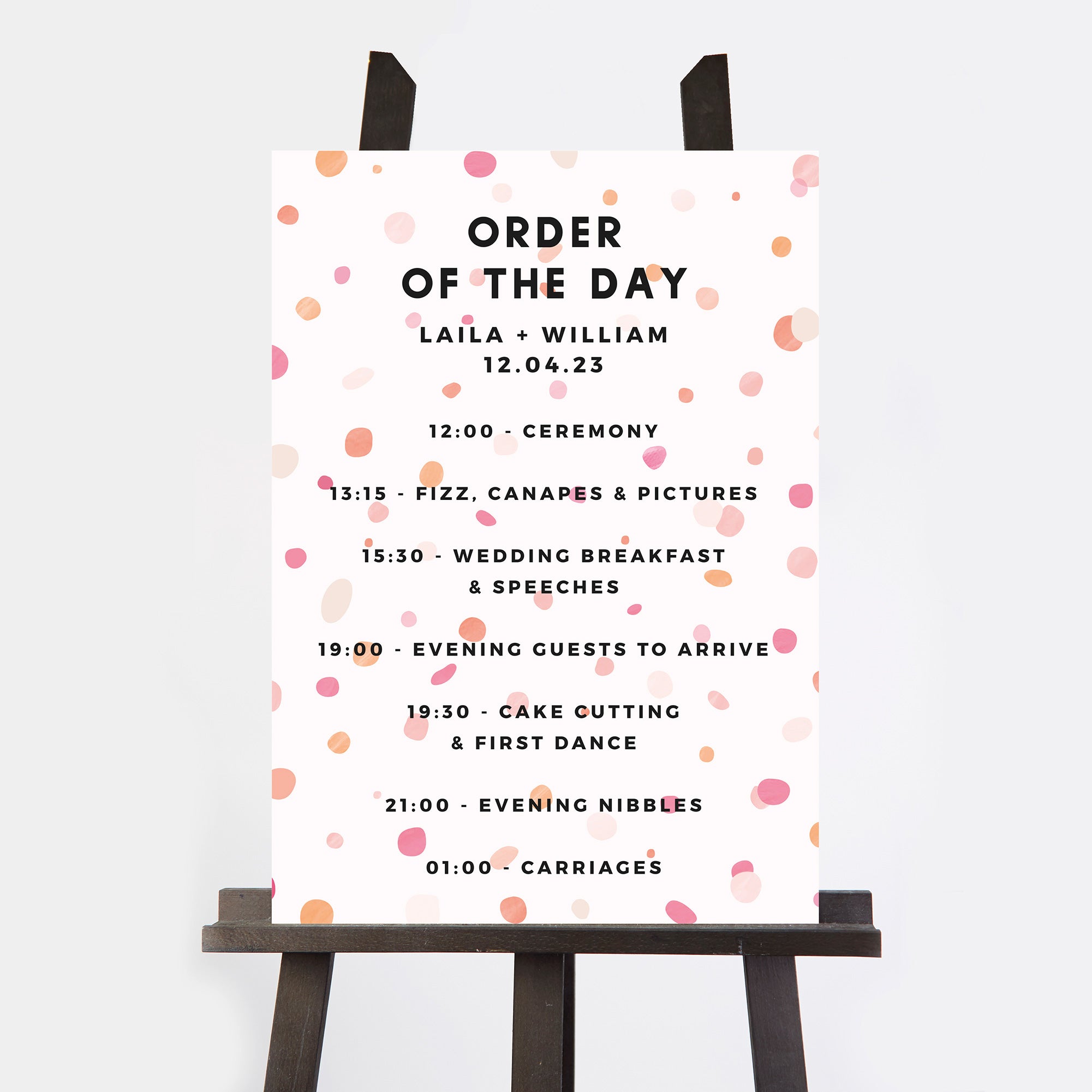 Bright Pink Confetti Wedding Order of the Day Sign