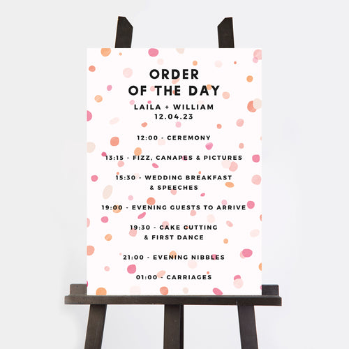 Bright Pink Confetti Wedding Order of the Day Sign