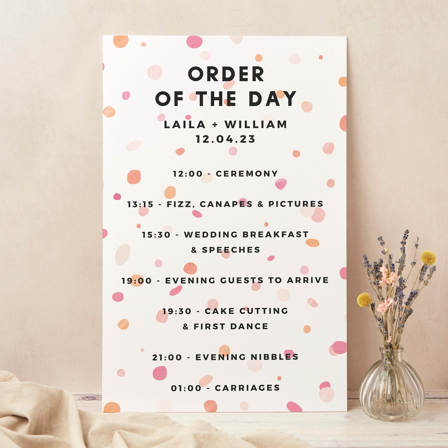 Bright Pink Confetti Wedding Order of the Day Sign