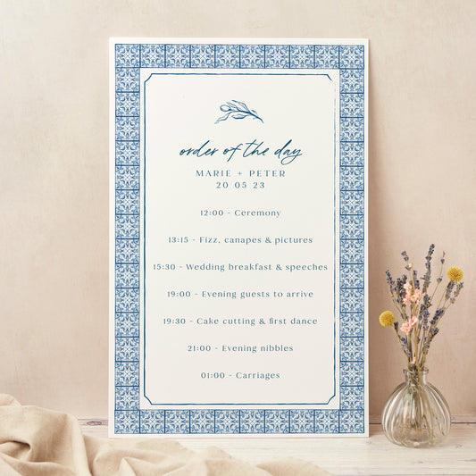 Blue Tile Mediterranean Wedding Order of the Day Sign