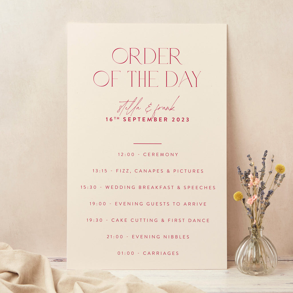 Magenta Modern Script Wedding Order of the Day Sign
