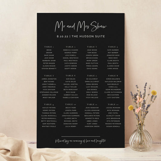 Black Modern Script Personalised Wedding Table Plan