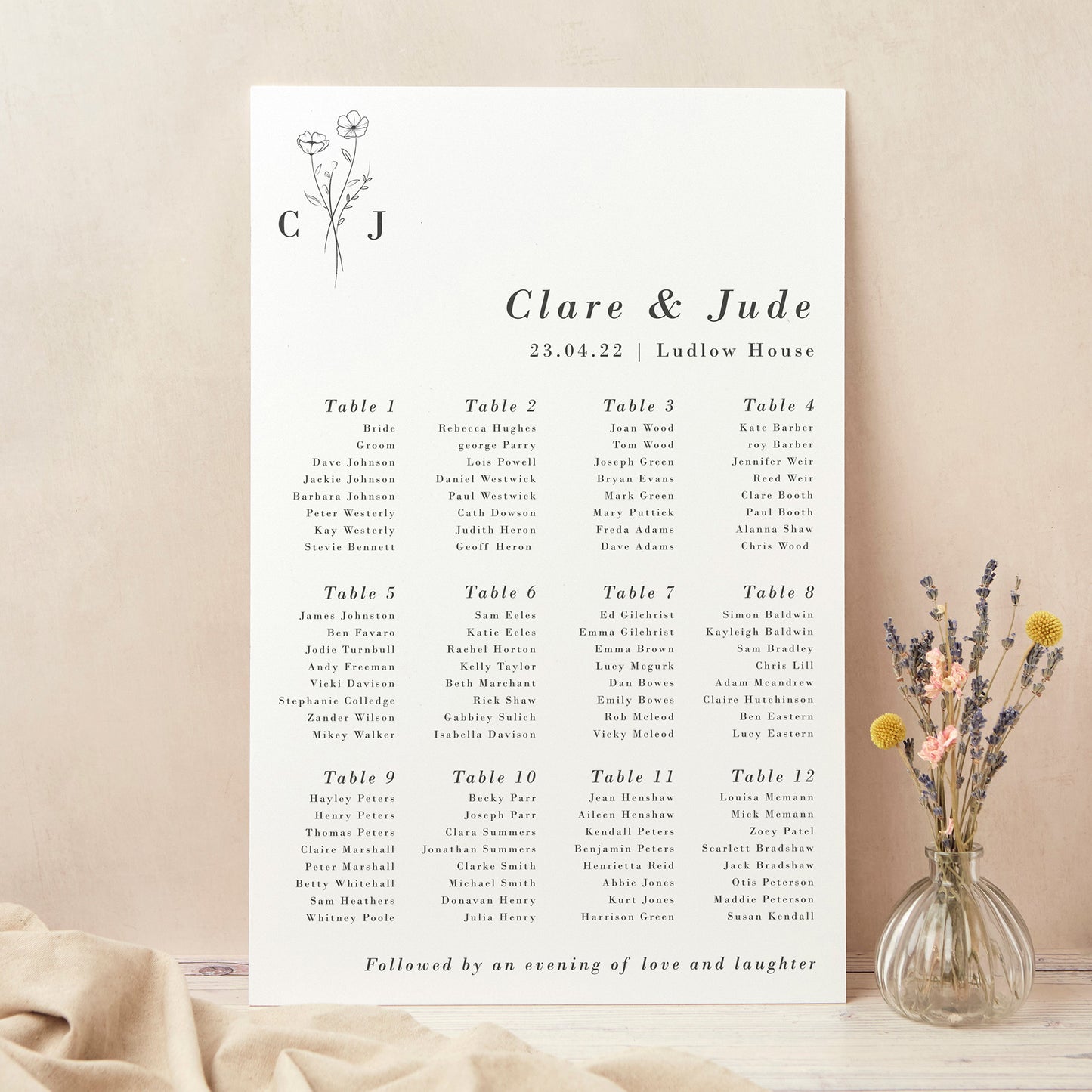 Simple Floral Personalised Wedding Table Plan