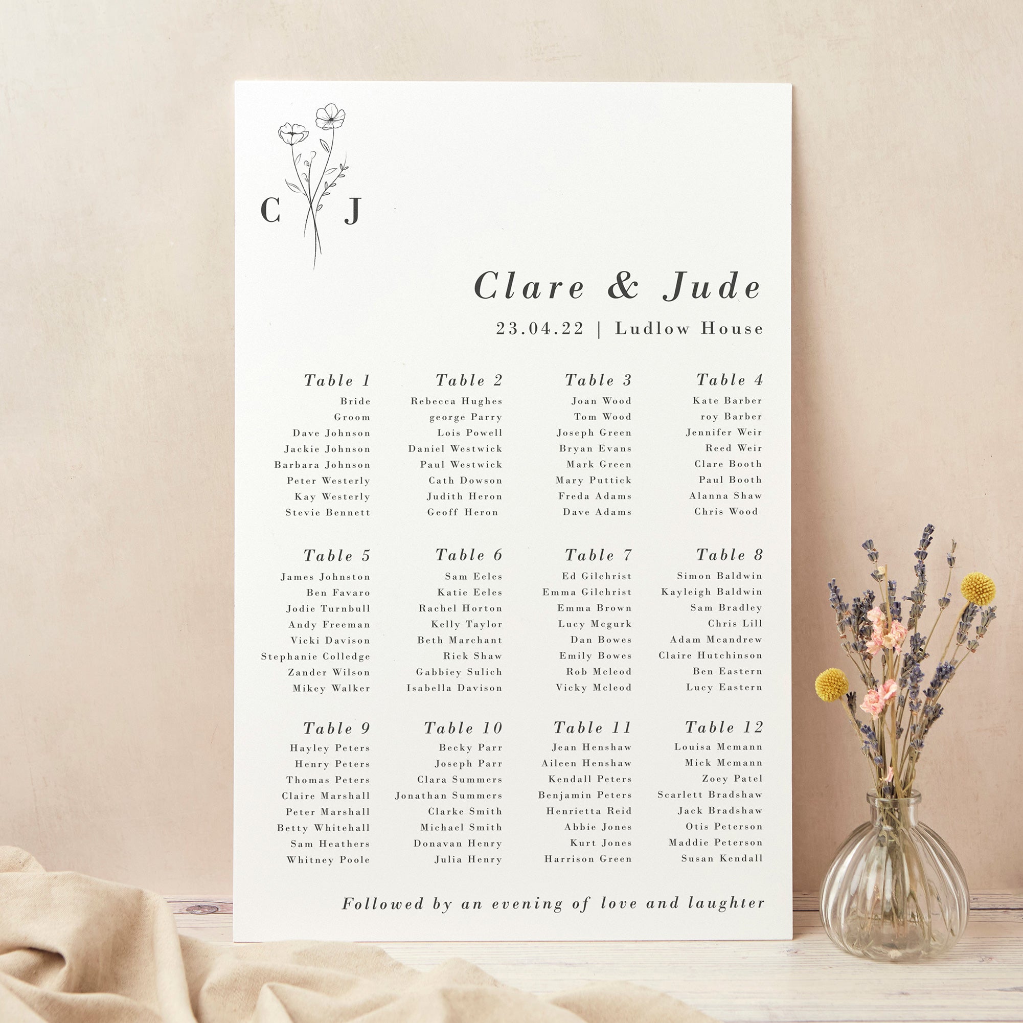Simple Floral Personalised Wedding Table Plan
