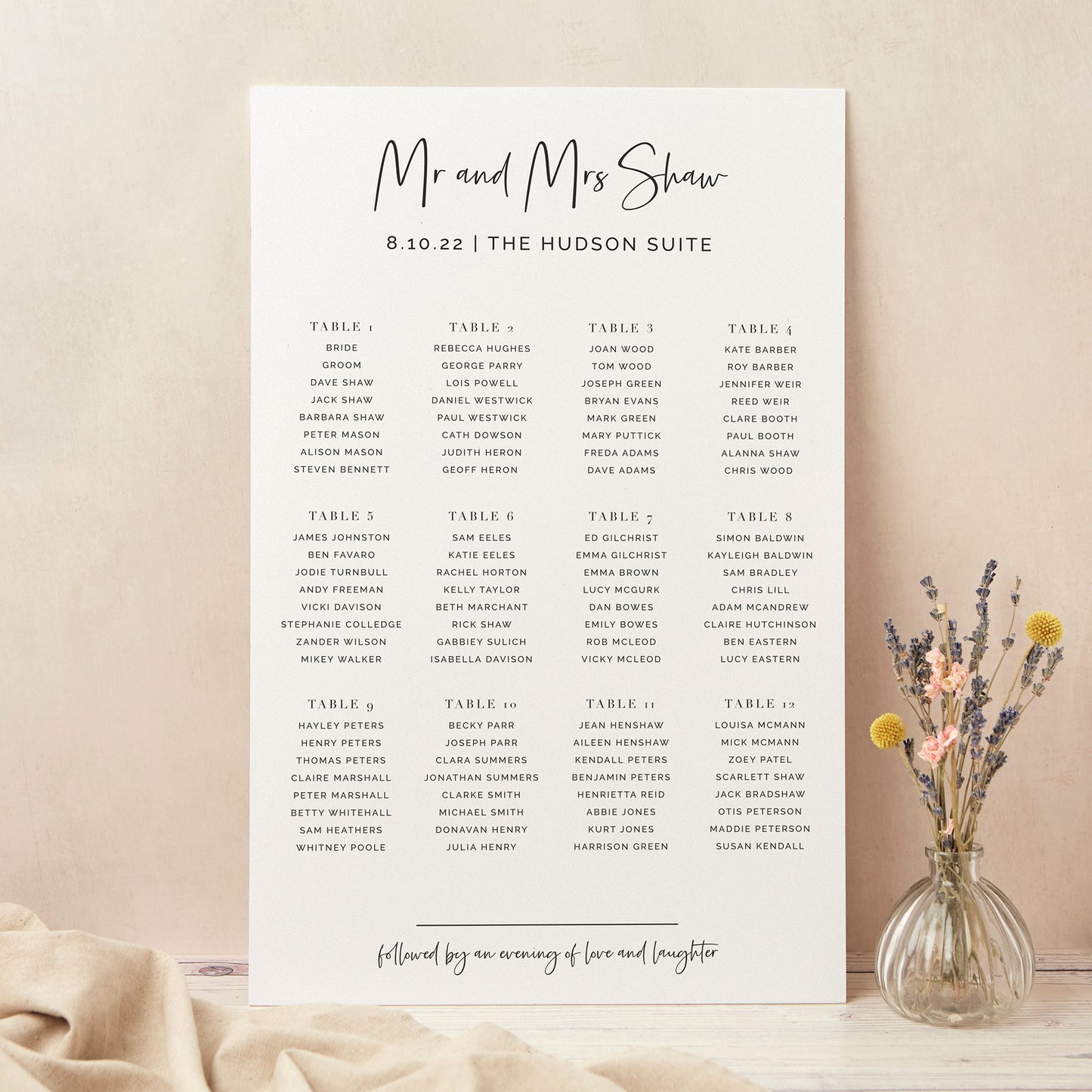 White Modern Script Personalised Wedding Table Plan