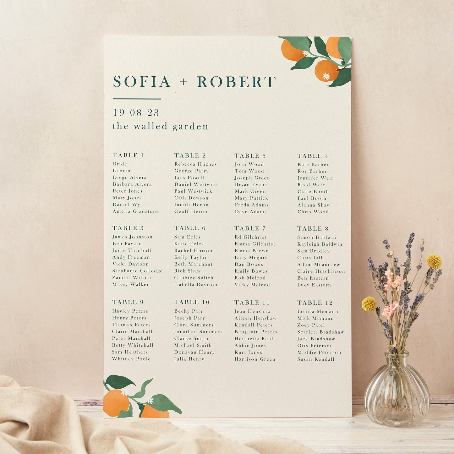 Mediterranean Oranges Personalised Wedding Table Plan