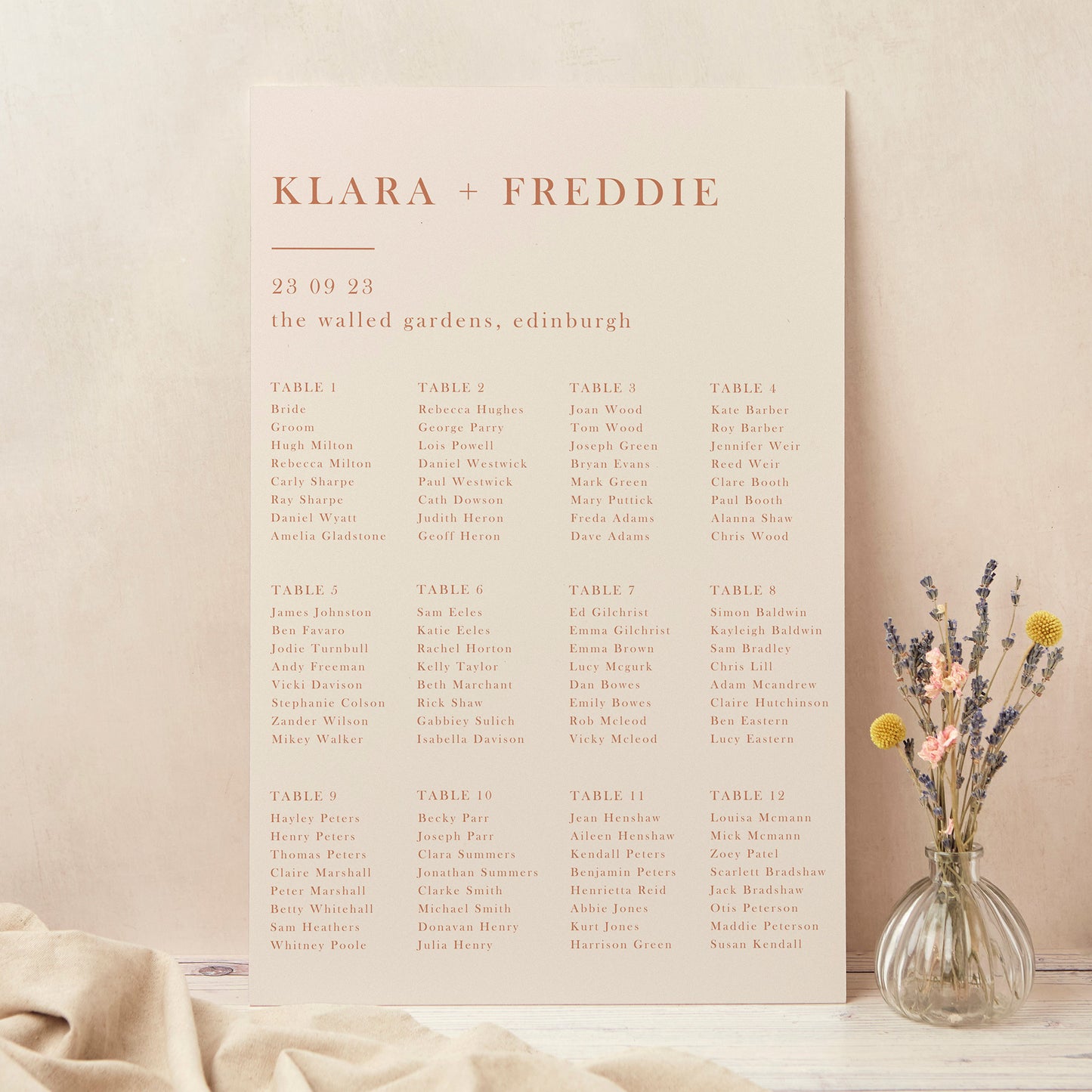 Caramel Autumn Colour Block Personalised Wedding Table Plan