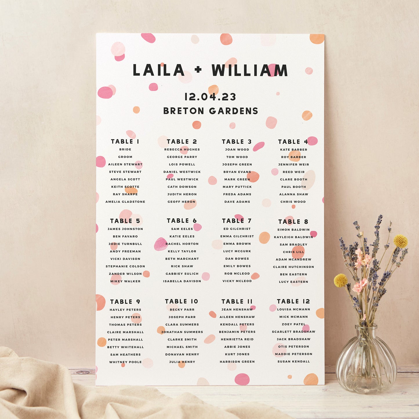 Bright Pink Confetti Personalised Wedding Table Plan