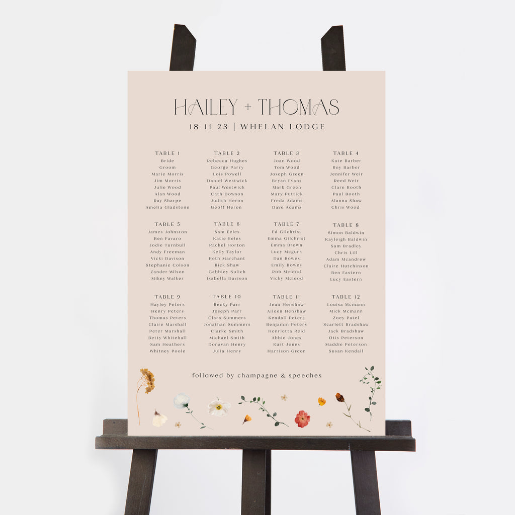 Winter Floral Personalised Wedding Table Plan