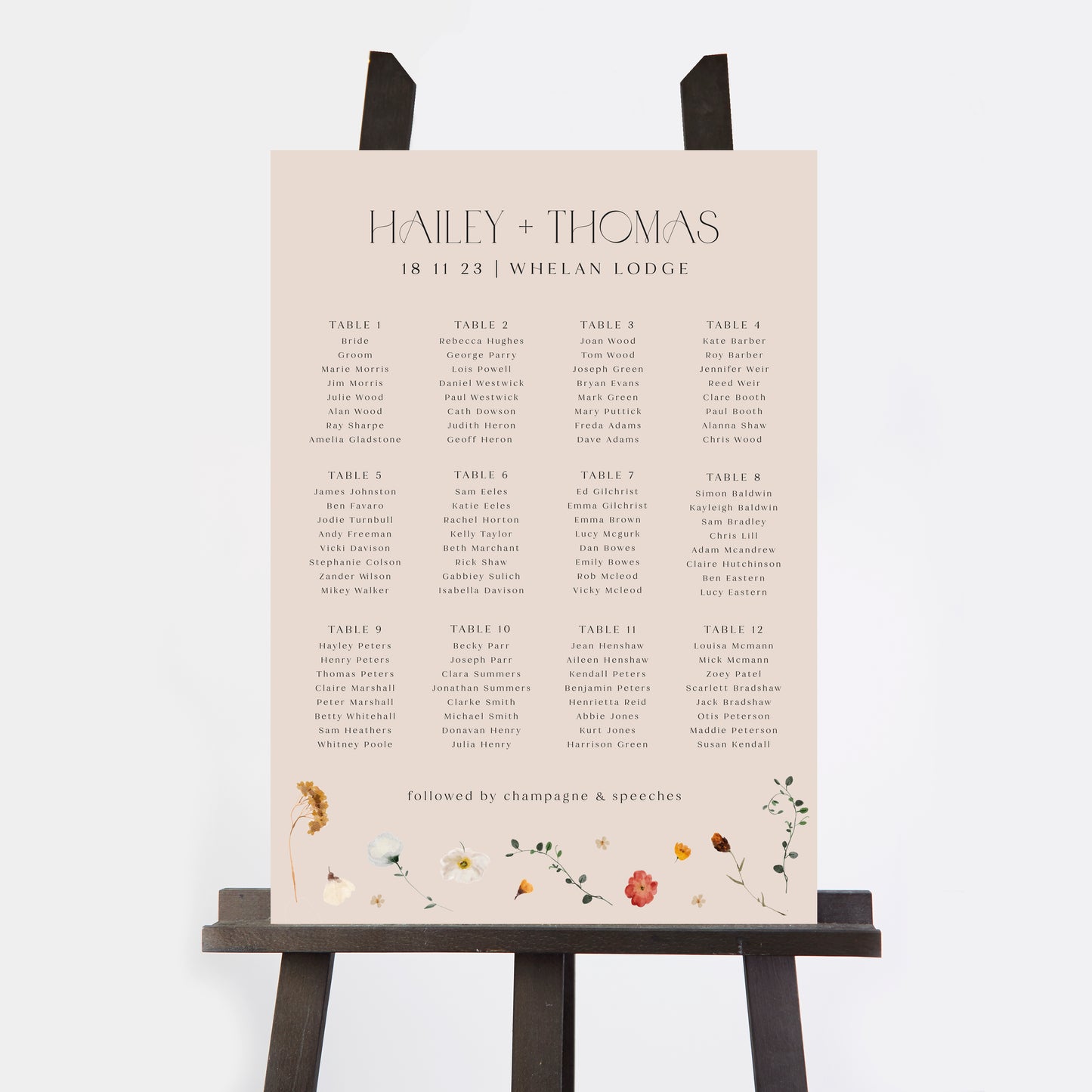 Winter Floral Personalised Wedding Table Plan