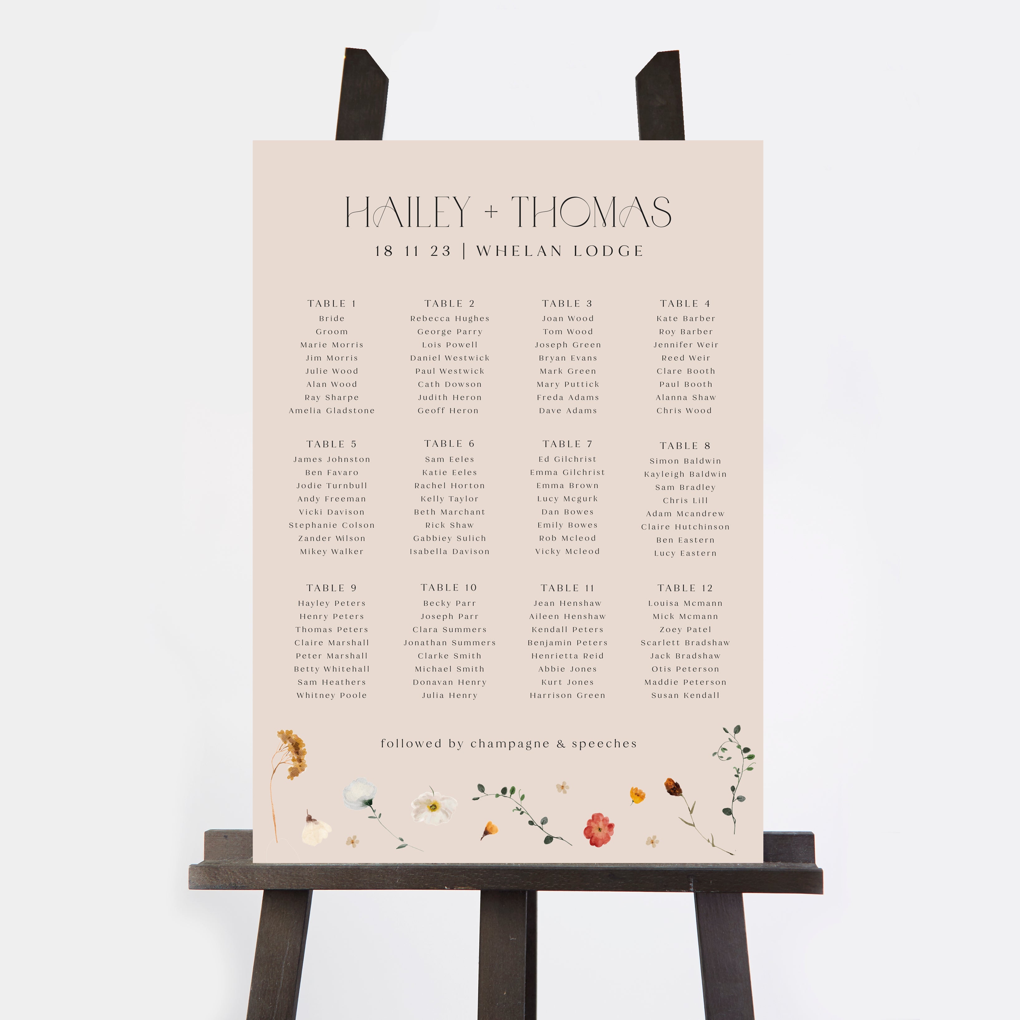 Winter Floral Personalised Wedding Table Plan