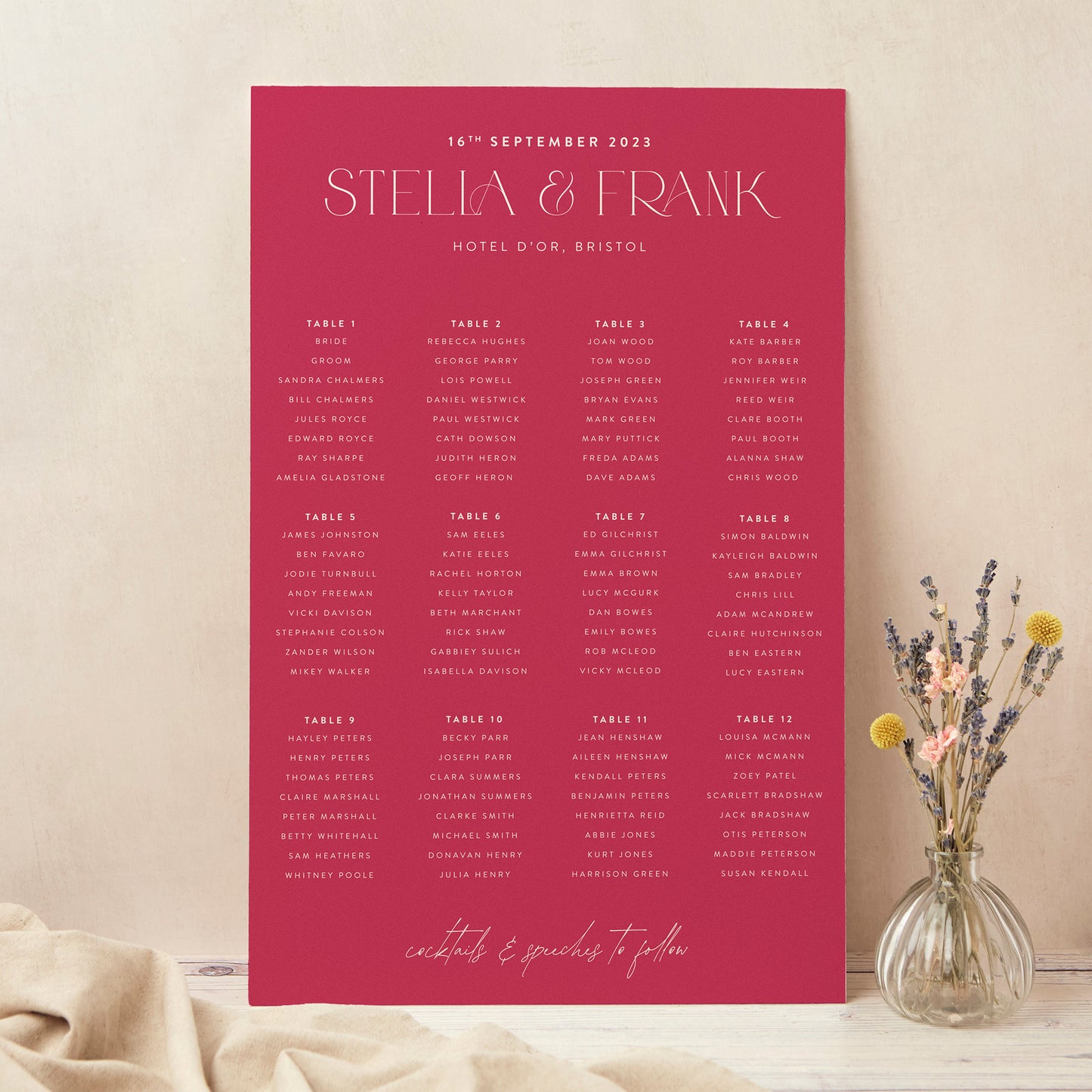 Magenta Modern Script Personalised Wedding Table Plan