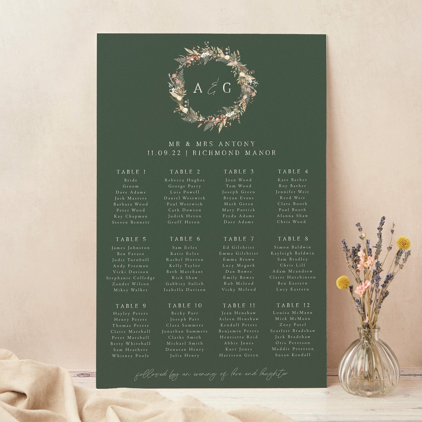 Dried Flower Wreath Personalised Wedding Table Plan