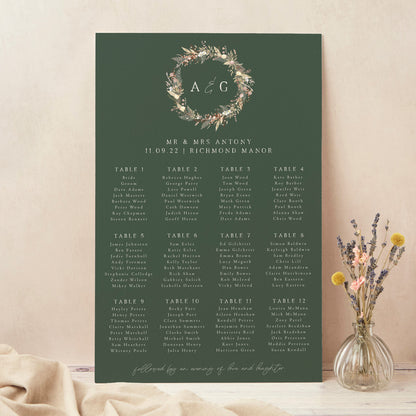 Dried Flower Wreath Personalised Wedding Table Plan