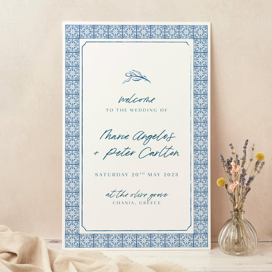 Blue Tile Mediterranean Wedding Welcome Sign